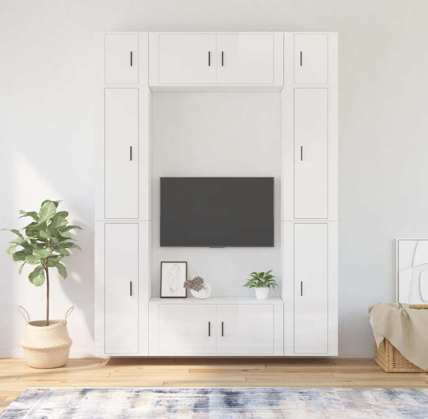 TV-benksett 8 deler høyglans hvit konstruert tre