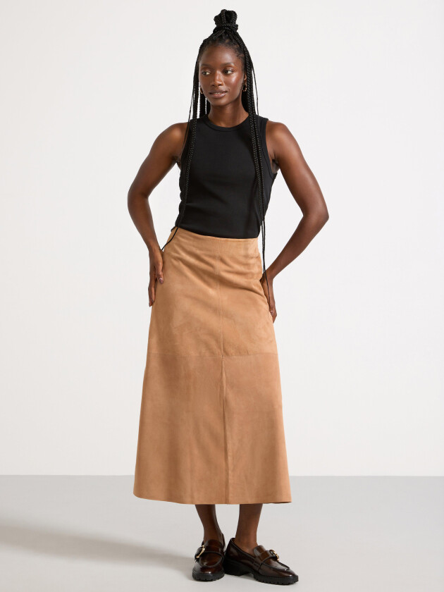 Midi skjørt i semsket skinn