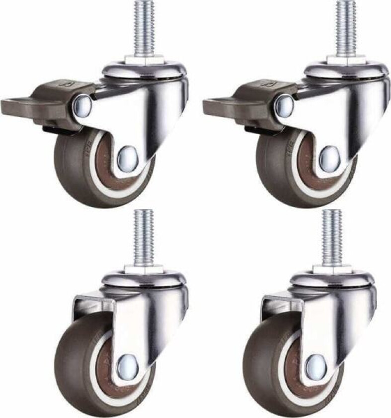 XVX Sett med 4 små møbelhjul - 25 mm - Myk gummi TPE - M6 x 15 mm - Gjenget (2 deler med brems) (25 mm)