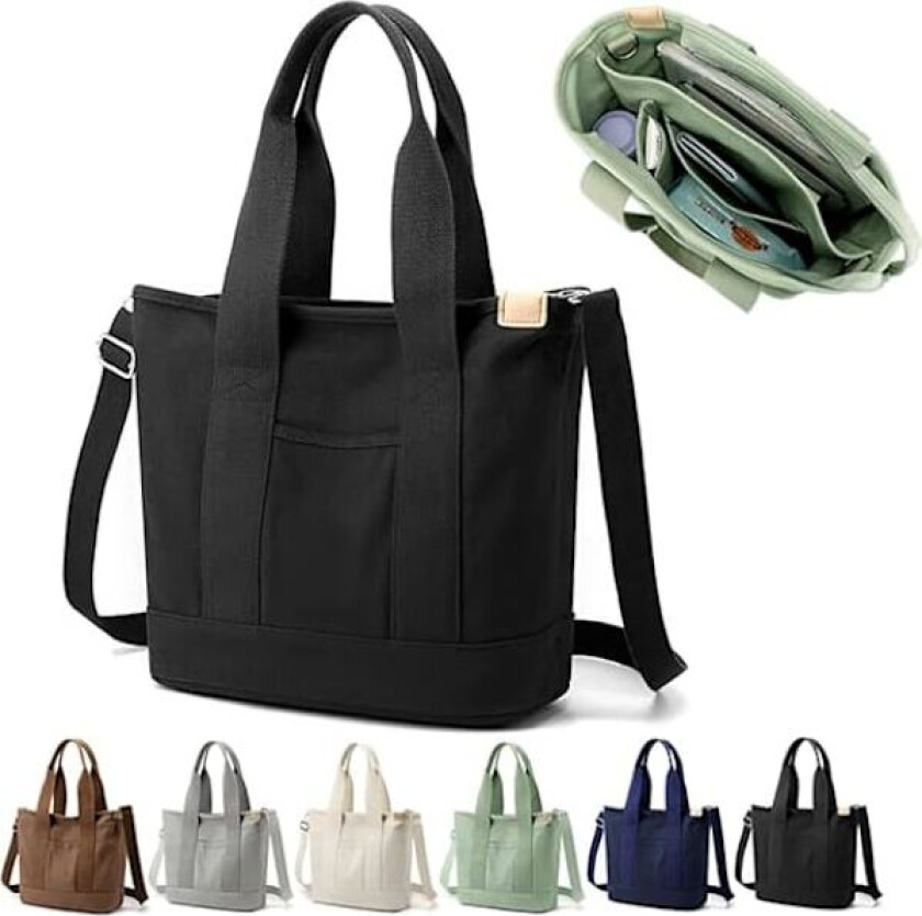 Håndlaget Tote Bag i Canvas med Romdelere og Glidelås, Multifunksjonell Skulderveske for Kvinner til Skole, Jobb og Reise, Svart - Medium