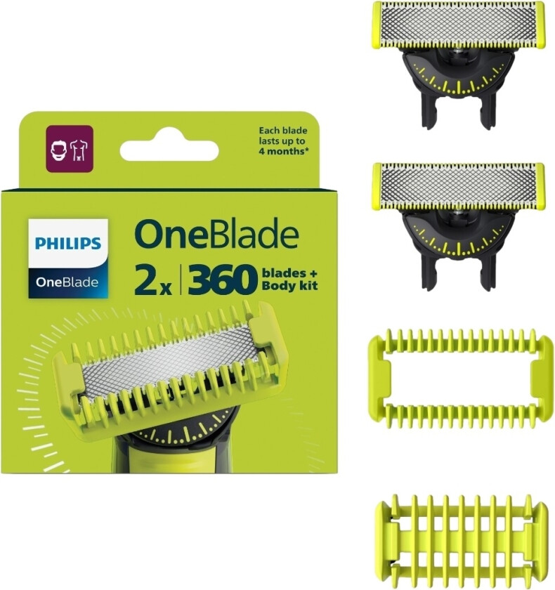 Nyheter! Philips Oneblade 360 Barbermaskin Face + Body Sett Utskiftbare Blader 2 Stk