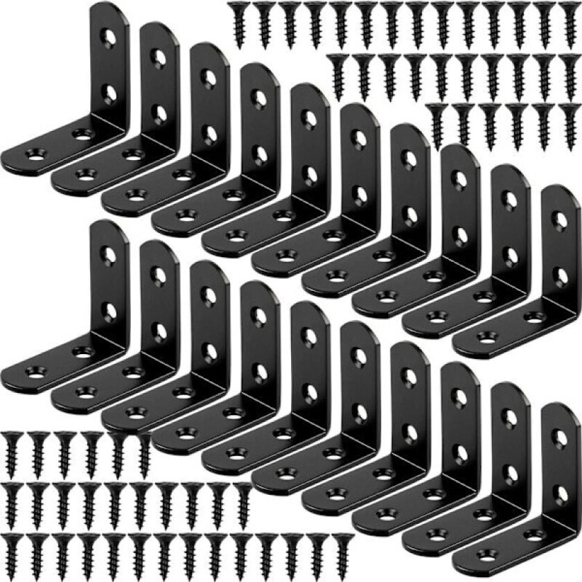 Bilde av 20 stk Svarte Vinkelbeslag L-formet Beslag Hørnebeslag 90 Grader Rustfritt Stål Metallbeslag 40x40mm