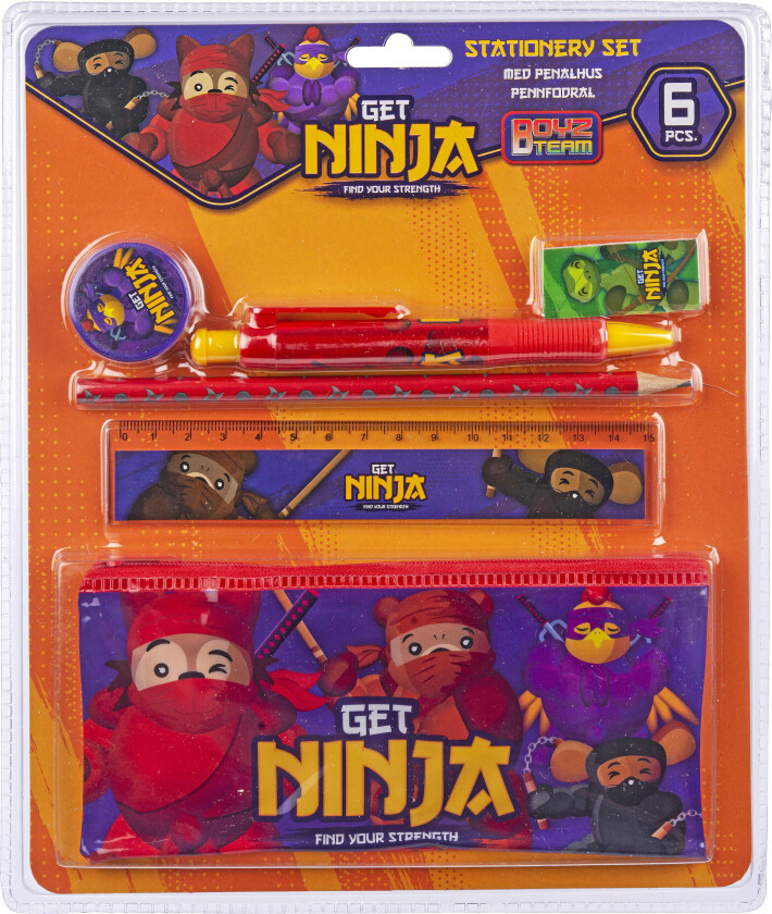 Penalhussett - 6 Deler, inkl. Linjal, Blyant, Kulepenn, Viskelær, Blyantspisser - Rød