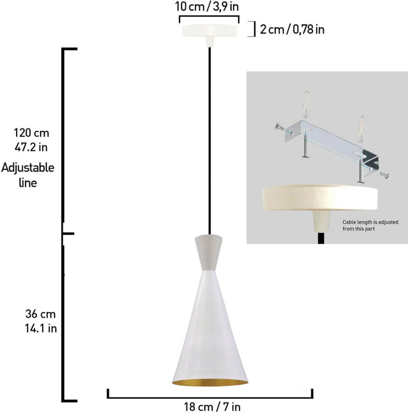 Glenora hengelampe, hvit, Ø 18 cm, metall, E27