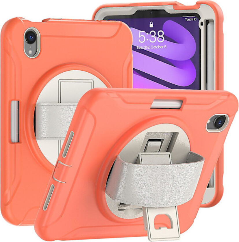 Nytt deksel for iPad Mini6 8,3 tommer med roterende stativ, pennholder (koralloransje)
