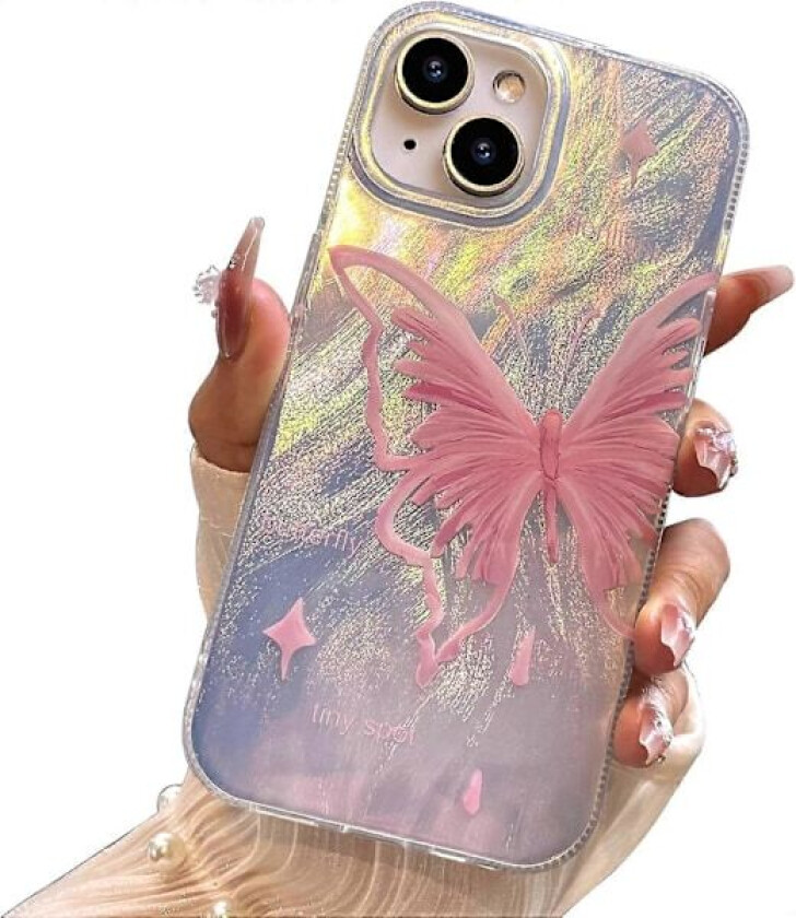 1 stk. Kompakt deksel for iPhone 15 blekrosa sommerfugldesign, søtt trendy mykt slankt støtsikkert beskyttende telefondeksel for kvinner jenter estetisk