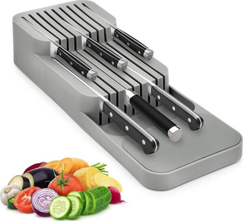 QU*Knivblokk for skuff, arbeidsflate skuffer organisator knivoppbevaring kniv skuffinnsats, plass til 9 kniver, grå