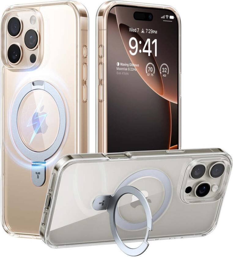 TORRAS iPhone 16 Pro Guardian Ostand Series Deksel m. Stativ - MagSafe Kompatibel - Gjennomsiktig / Sølv