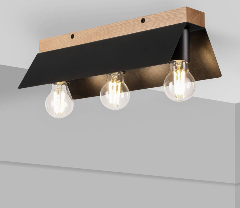 Esme taklampe, svart, lengde 40 cm, metall/tre, 3 lyskilder.