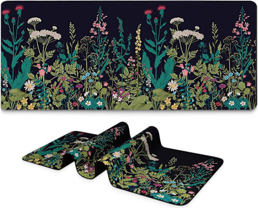 Langt musematte for spill, stort skrivebordsunderlag med sklisikker bunn, full tastaturmatte med sydde kanter for spill og kontor (Ugressblomster)