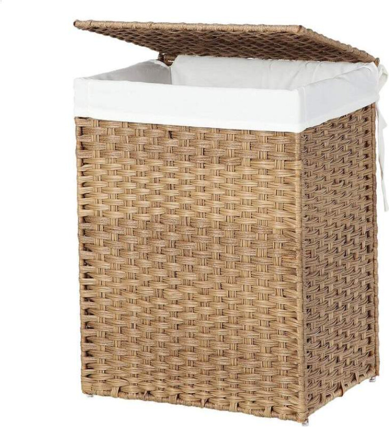 Håndvevd skittentøyskurv, 110L syntetisk rotting-delt kleskurv med lokk og håndtak