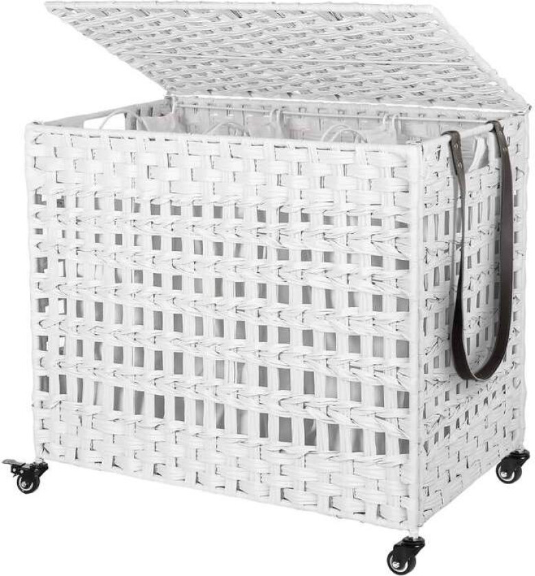 Håndvevd skittentøyskurv med lokk, tøykurv i rottingstil med 3 separate rom