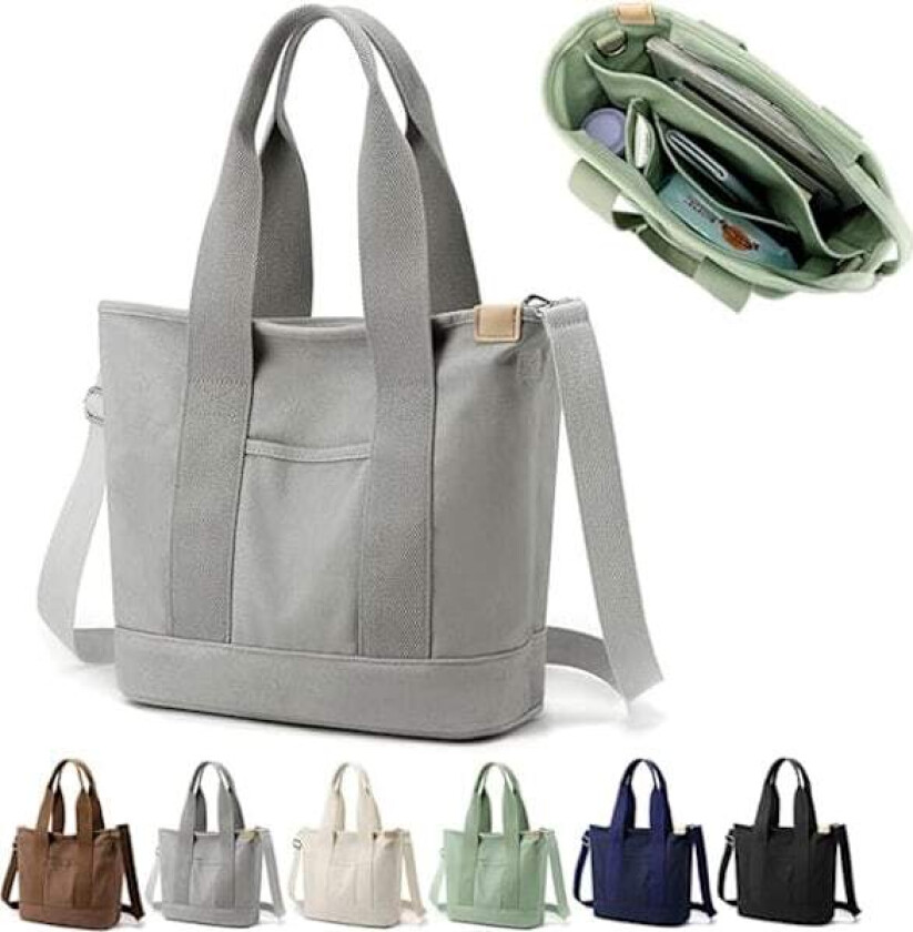 Håndlaget Tote Bag i Canvas med Romdelere og Glidelås, Multifunksjonell Skulderveske for Kvinner til Skole, Jobb og Reise, Grå - Medium