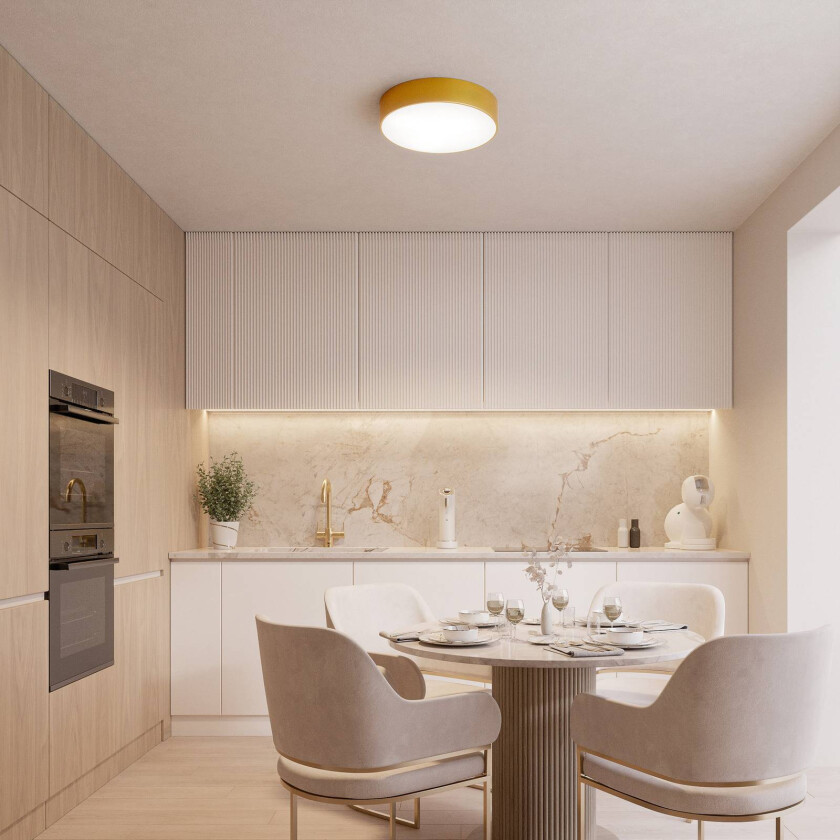 Cleo 200 taklampe, gull, sensor, IP20, Ø 20 cm, E27