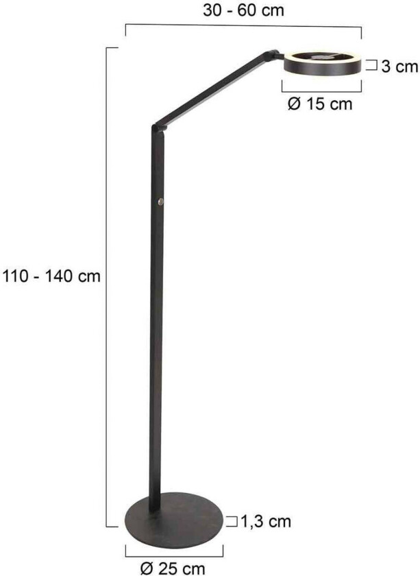 LED-gulvlampe Ringlux, svart, metall, justerbar