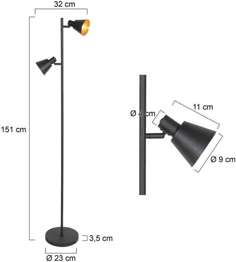Gulvlampe Oeroe, 2 lyskilder, svart, metall, E14
