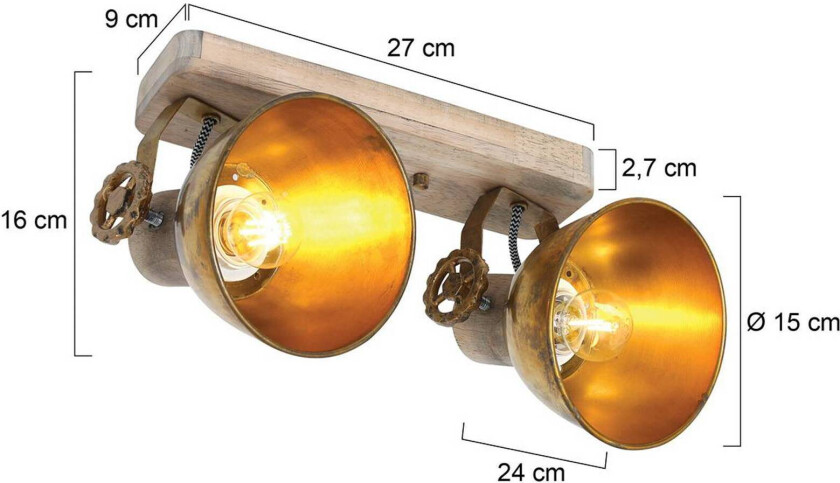 Downlight Gearwood, bronse, 2 lyskilder, metall, tre, E27