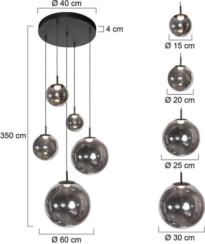 LED-hengelampe Bollique, 5 lyskilder. rund, svart, glass