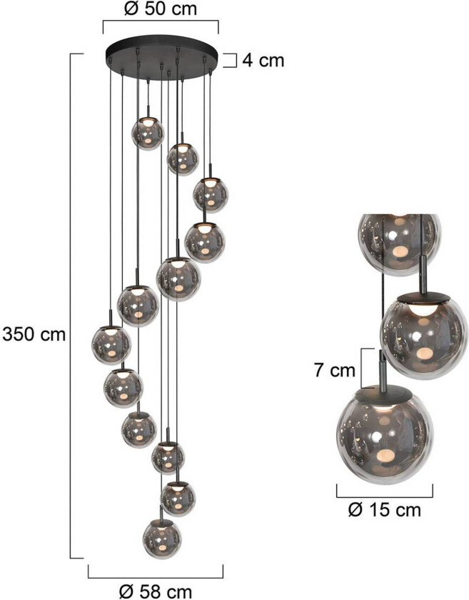 LED-hengelampe Bollique, 12 lyskilder. rund, svart, glass