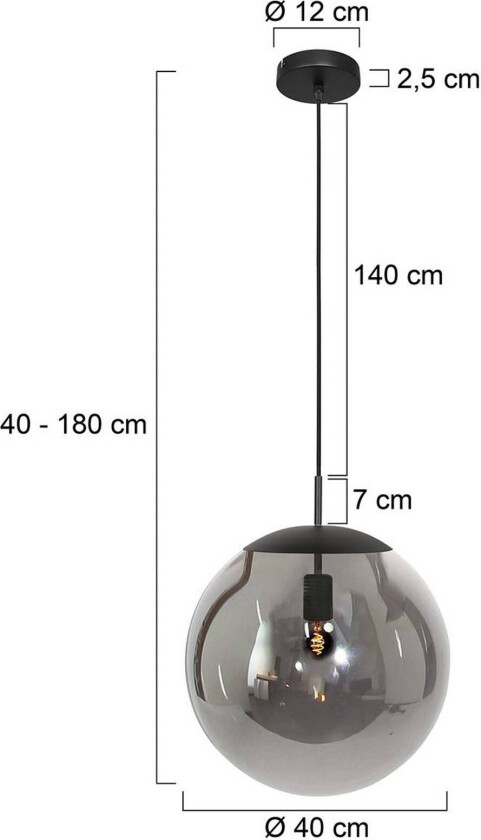 Hengelampe Bollique, svart, Ø 40 cm, glass, 1 lyskilde, kule