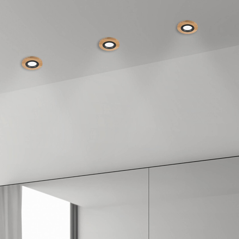 Innfelt taklampe Tobby, Ø 10 cm, sett med 3, eik GU10