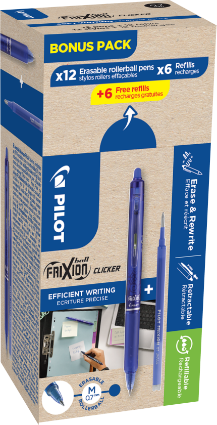 FriXion Ball Clicker Kulepenn kan viskes bort, 12-pakk Blå
