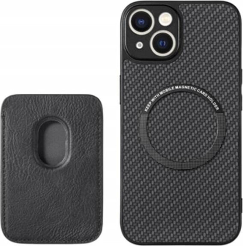 iPhone 15 Magnetisk Deksel med Kortholder - Karbonfiber - Svart Svart
