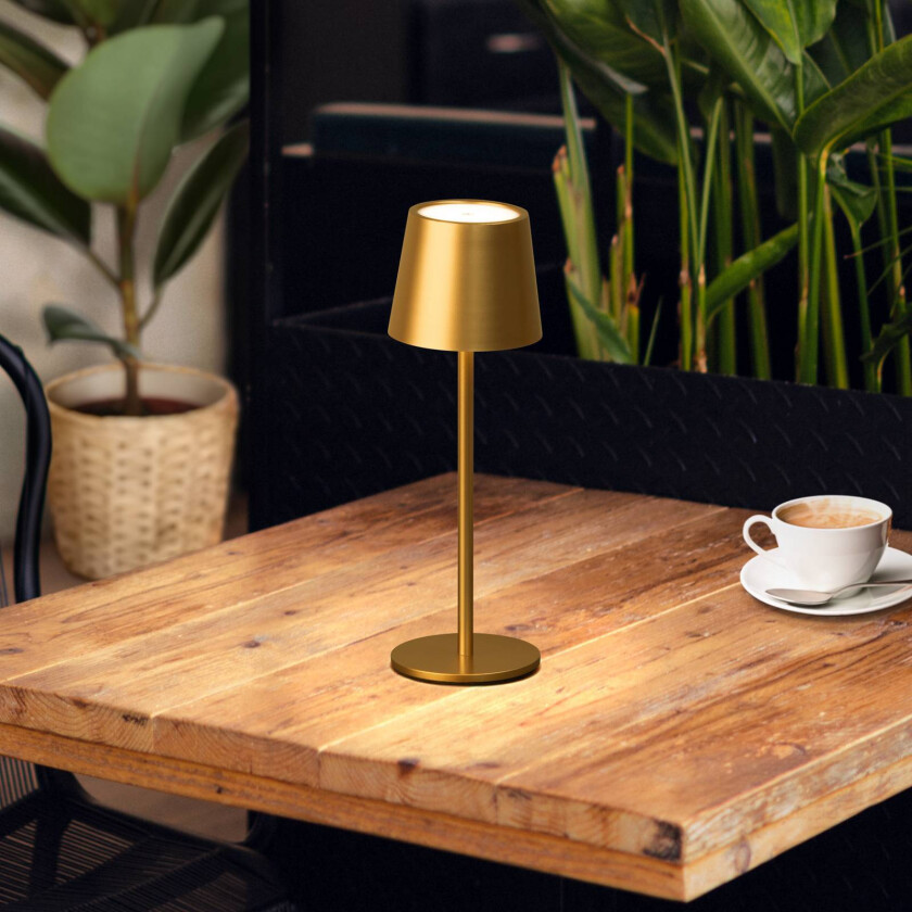 LED-bordlampe Roxi, gullfarget, metall, IP54, dimmer