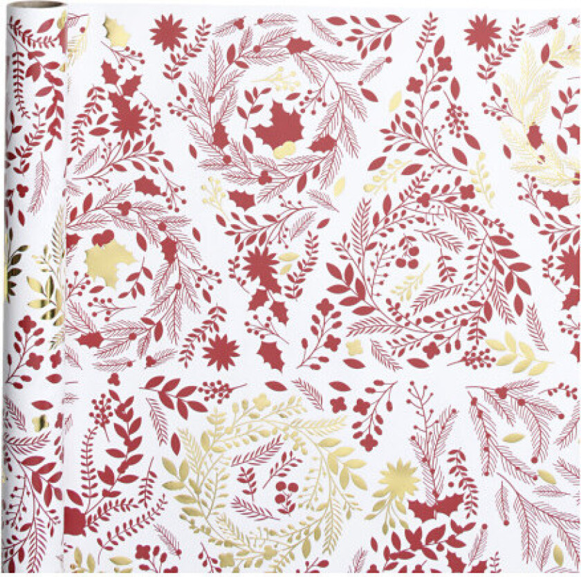 Gavepapir, Juletrær, B: 50 cm, 80 g, gull, rød, hvit, 3 m/ 1 rl.