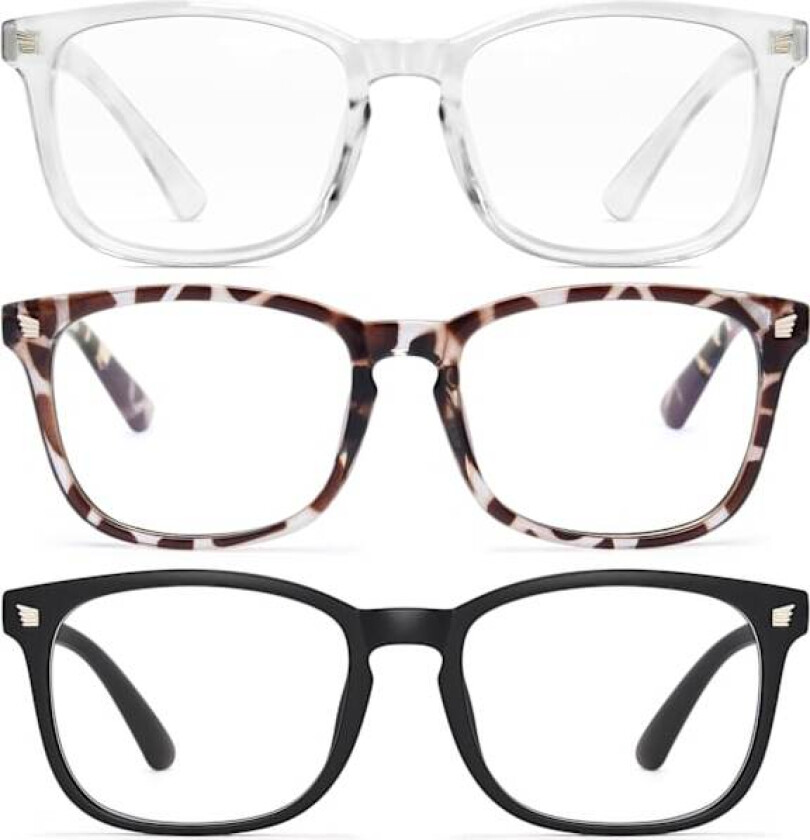 Pakke Blålysblokkerende Briller Falske Firkantede Mote Anti UV Databriller (Matt Svart+Leopard+Klar)