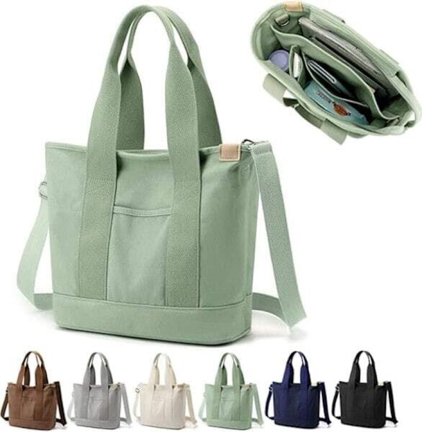 Håndlaget Tote Bag i Canvas med Romdelere og Glidelås, Multifunksjonell Skulderveske for Kvinner til Skole, Jobb og Reise, Grønn - Medium
