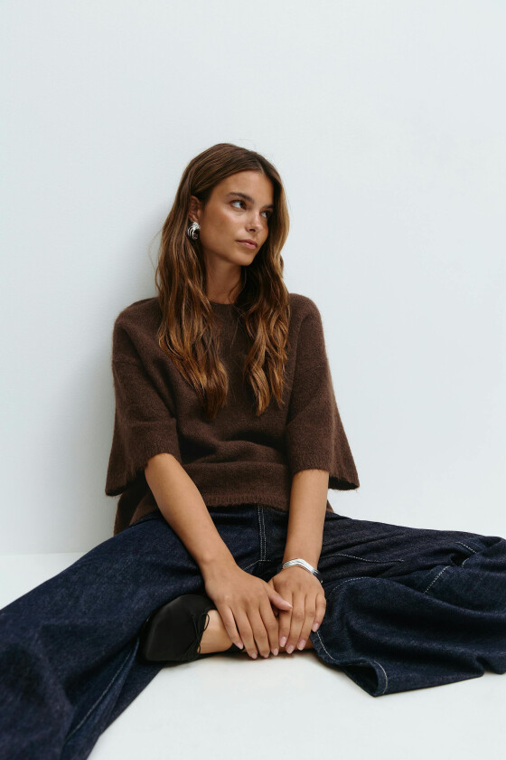 - Knitted short sleeve top - kortermede strikkegensere - Brun - L - Dame