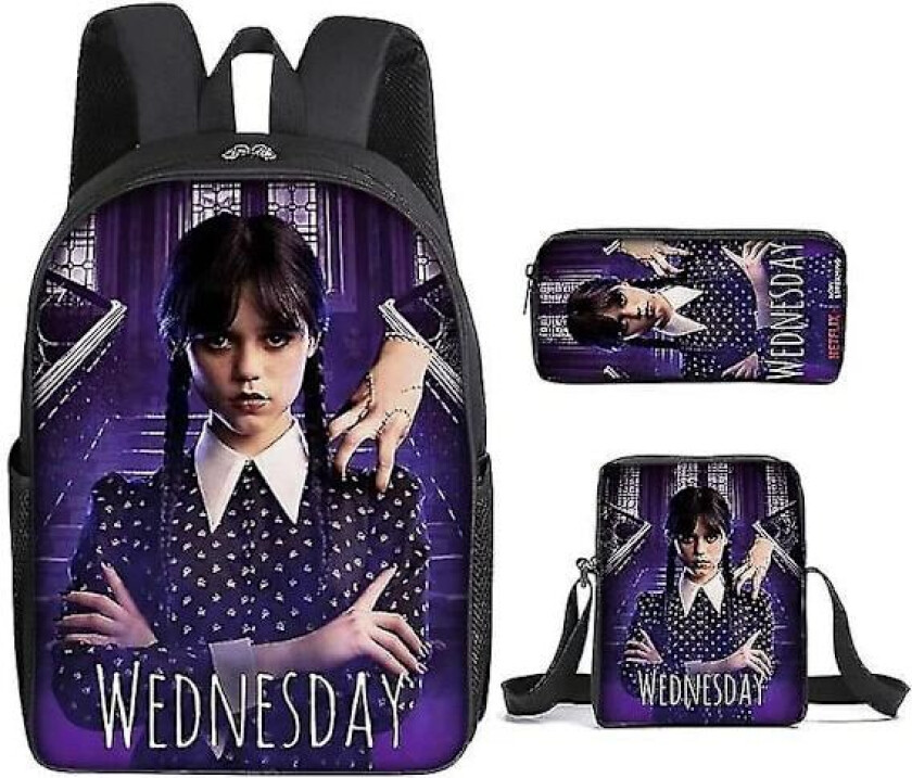 Tredelt sett Wednesday Addams Adams Wednesday Duffel Bag Ryggsekk Sett Skolesekk Satchel Penal Barnleker Gaver Penaletui
