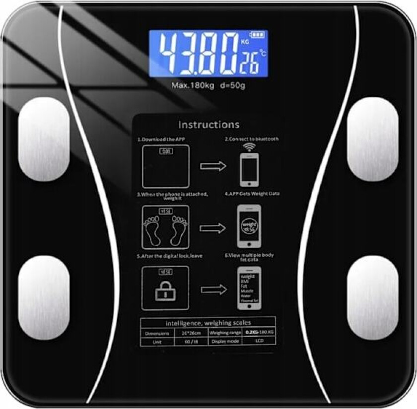Smart Personvekt med Bluetooth - Måler opptil 180 kg Svart Svart*QN