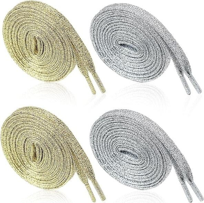 4 par glitter skolisser, gull og sølv glitrende skolisser, flate polyester skolisser, egnet for joggesko, sko, 110 cm + 140 cm