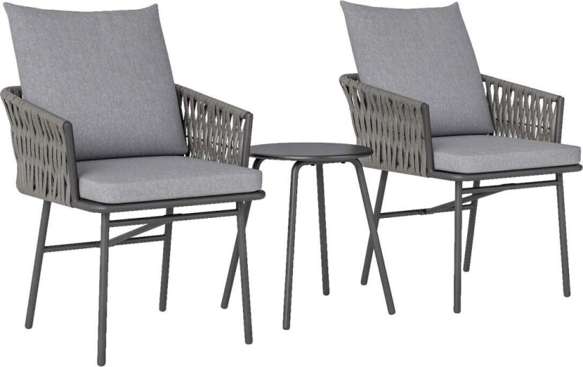 3-delt utemøbelsett, 2 stoler, 1 bord, bistrosett, kunstrotting, stålramme, metallbord, 4 puter, grå