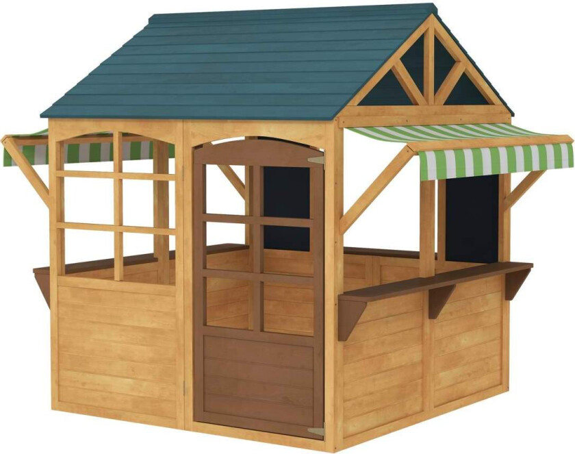 Lekehus laget av grantre, sammenleggbart hus med vinduer, dør, for barn i alderen 3-8 år, brun+blå