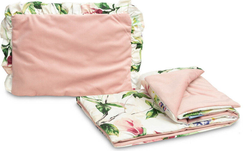 Velvet Sengesett med Flæser til Barnevogn - Magnolia Pink