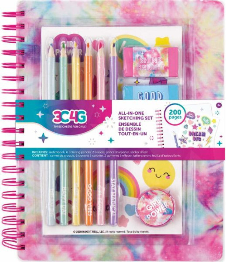 Bilde av 3C4G All‑in‑one Tegnesæt Pastell Tie Dye – Spiralbok, 6 Fargeblyanter, 2 Visker, Blyantspisser & Klistremerker – 6+ år