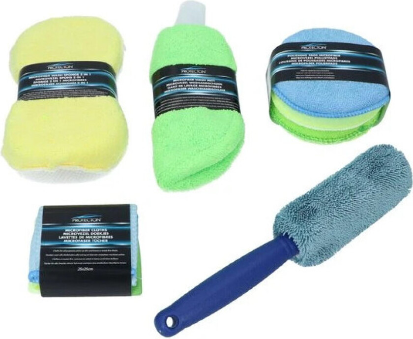 Bilde av Protecton Microfiber Rengjøringssæt - 9 Deler, inkl. 3 Kluter, 3 Puter, Vaskesvamp, Vaskehanske, Hjulbørste - Gul/Grønn