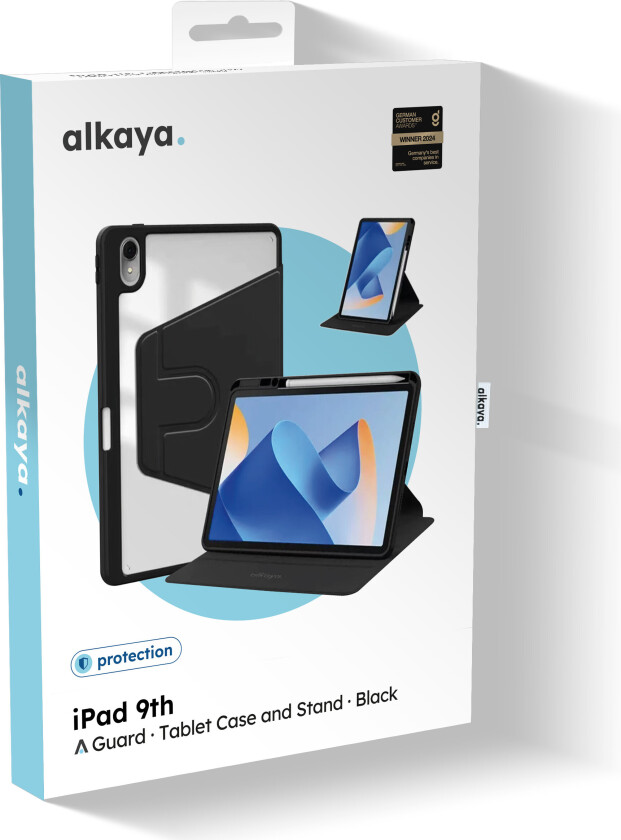 Lucid 360 iPad-deksel â iPad 9. generasjon, 10,2", 360° roterende stativ â Sort