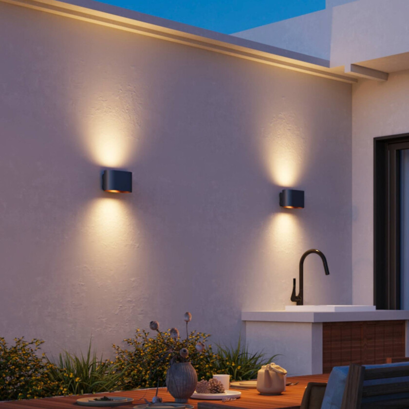 utendørs LED-vegglampe Potenza opp/ned, IP44, svart/gull