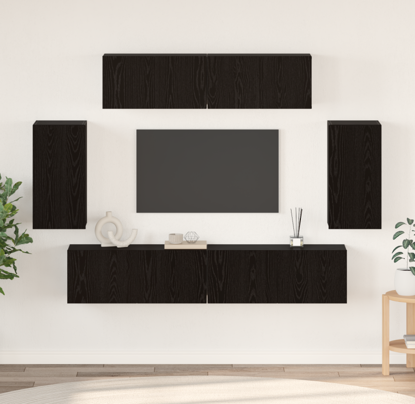 Vegghylle for TV med lagring med dør 6 pcs Svart eik Konstruert tre