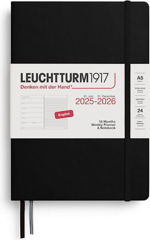 Kalender A5 18m 25–26 Ukentlig Planlegger/Notatbok Svart Leuchtturm1917