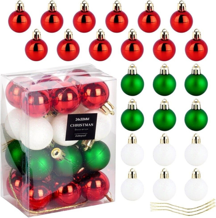 Splintsikre julekuler rød grønn hvit 3 cm 24 stk.