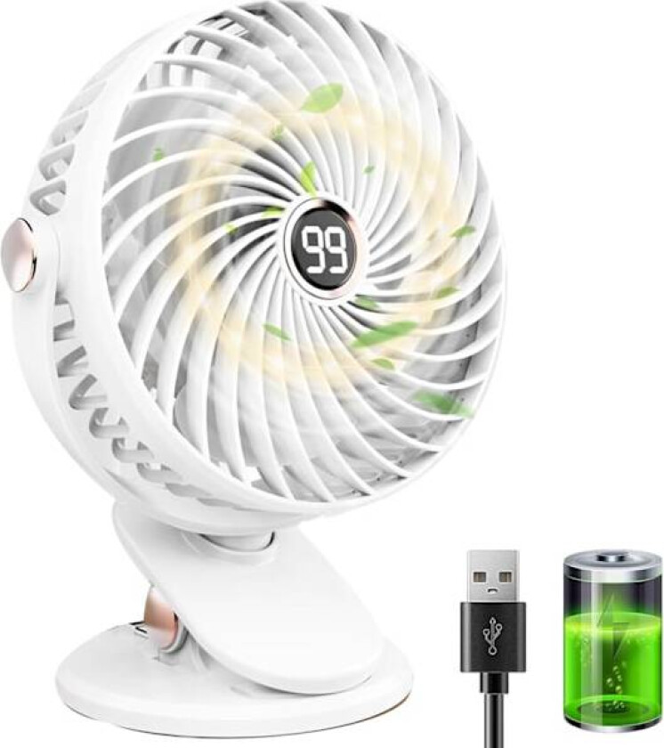 Bordvifte, Stille USB-vifte med Klemme, 6000mAh Bærbar Mini Liten Vifte, LED-Display, 5 Hastigheter 720° Rotasjon, Skrivebordsvifte for Kontor Hjem Camping