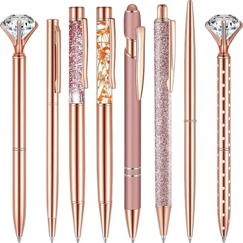 8 stk Krystalldiamanter Penner, Roségull Metall Kulepenn