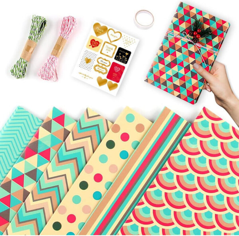Gavepapir, 6 stk. bursdags- og julepapirark, resirkulerbart gavepapir med 2 tau, 1 dobbeltsidig tape, 1 klistremerke, gaveinnpakningspapir