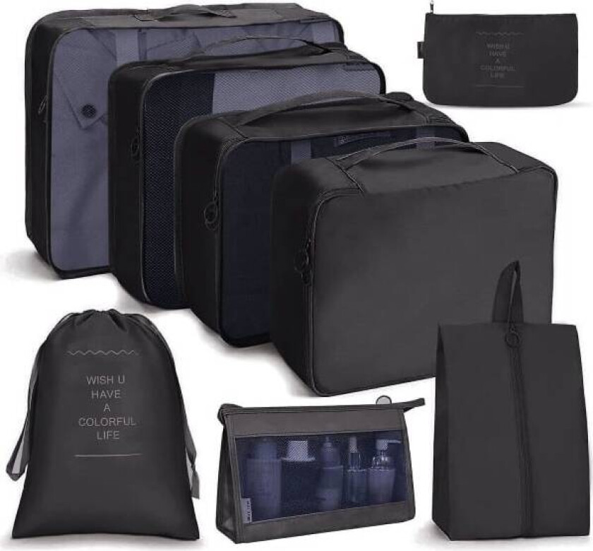 8-paknings Organizer Sett for Kofferter, Oppbevaringsposer, Pakkekuber, Reisevesker, Gaver