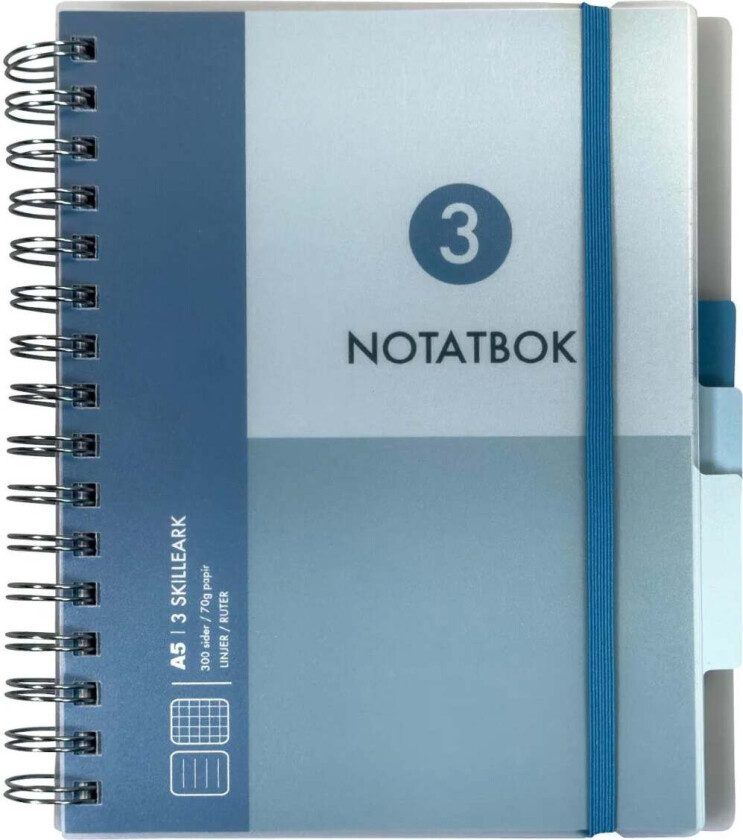 Notatbok med 3 skilleark Norli A5 blå 300 sider